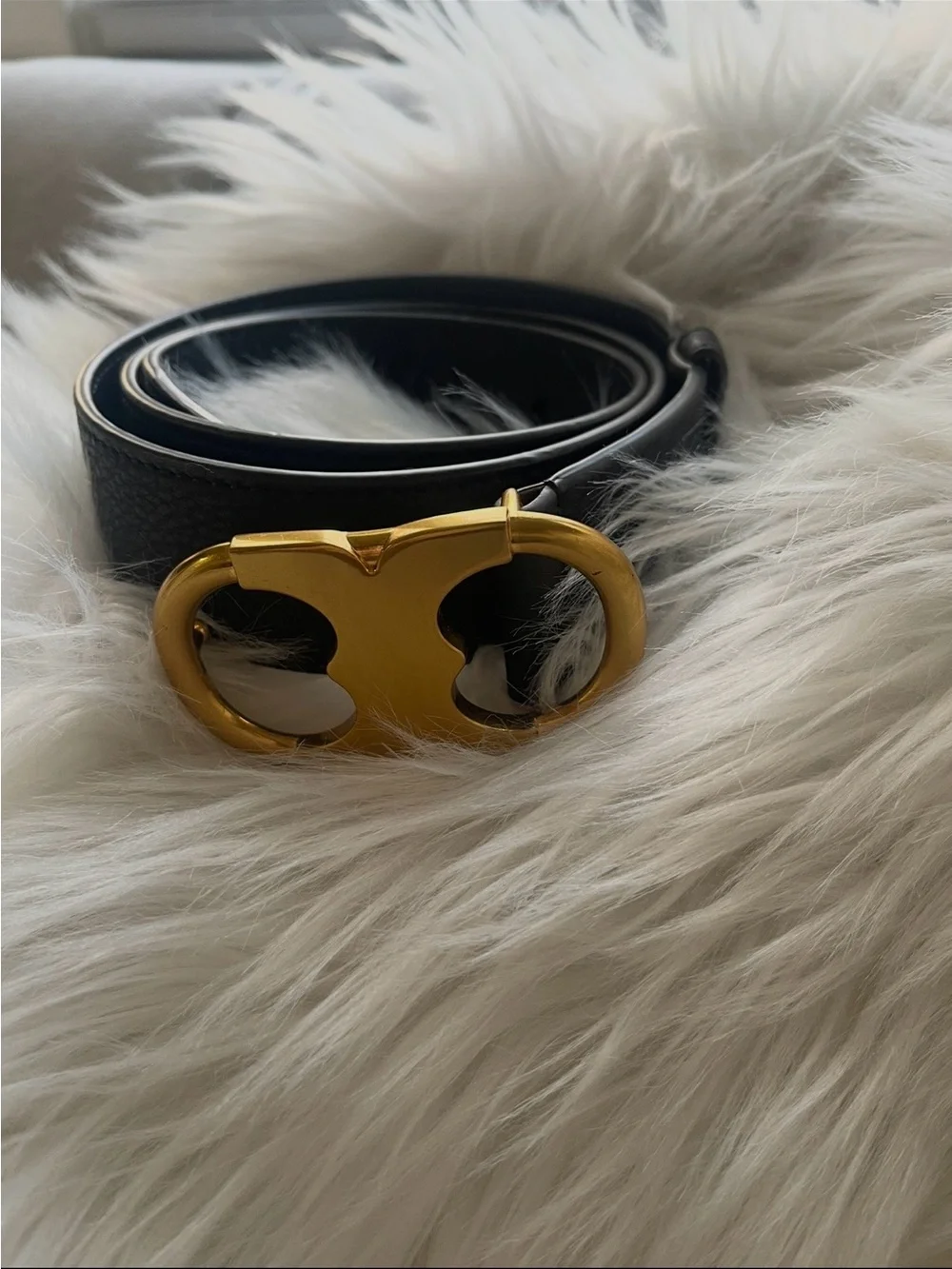 Tory Burch Black Leather Belt with Gold Logo Buckle